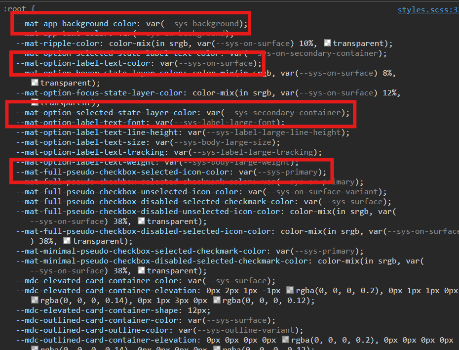 browser inspector showing usage of sys variables